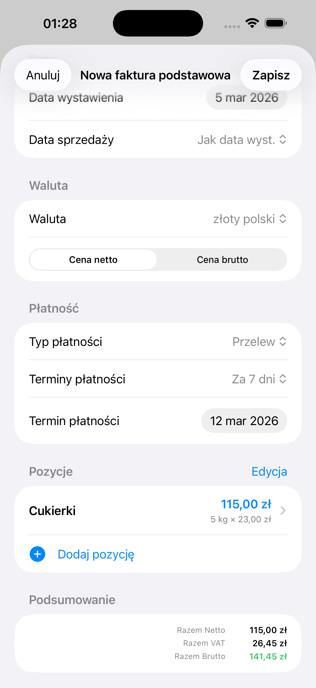 Wystawianie faktury na iPhone