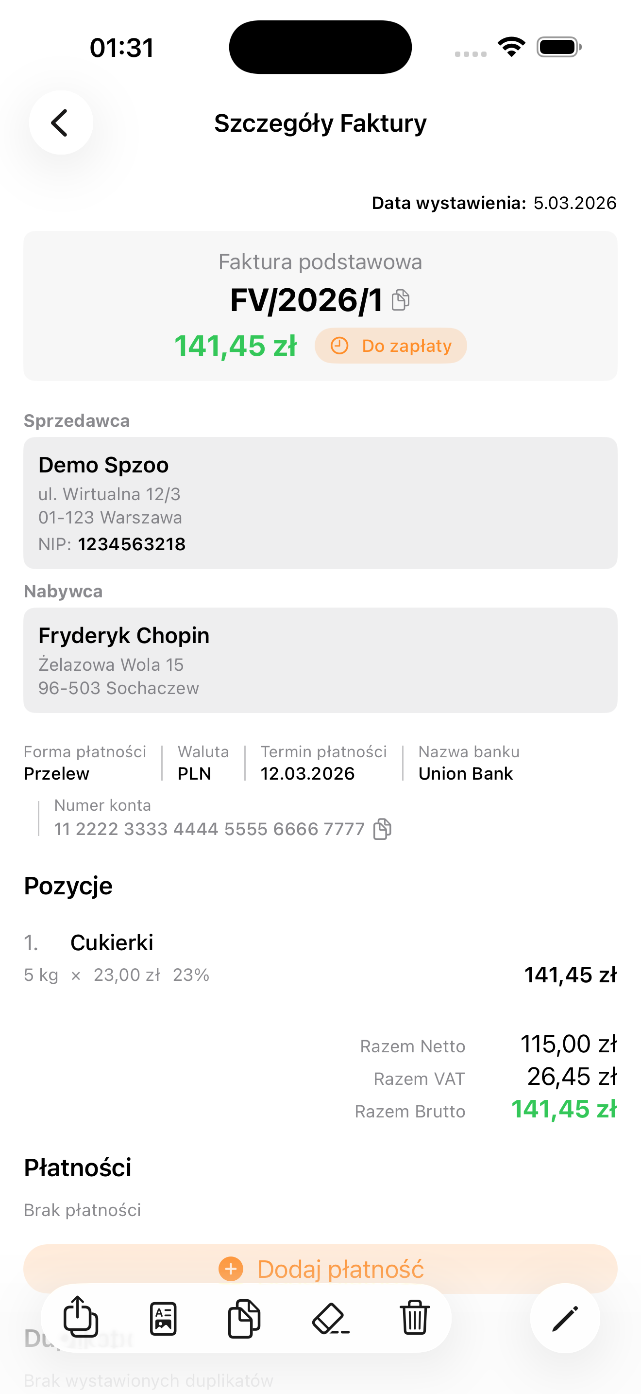 Szczegóły faktury na iPhone