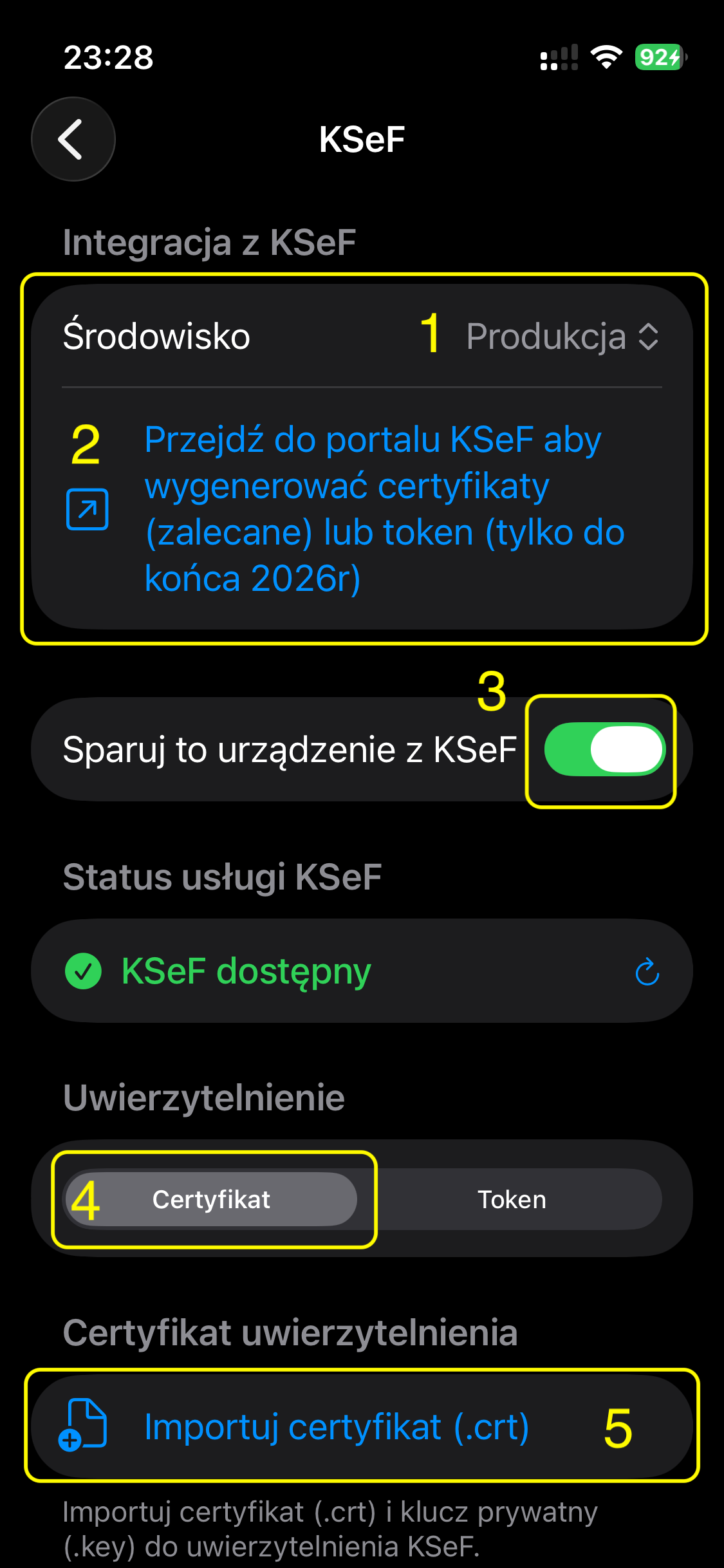 Ekran KSeF — wybór środowiska i sparowanie urządzenia