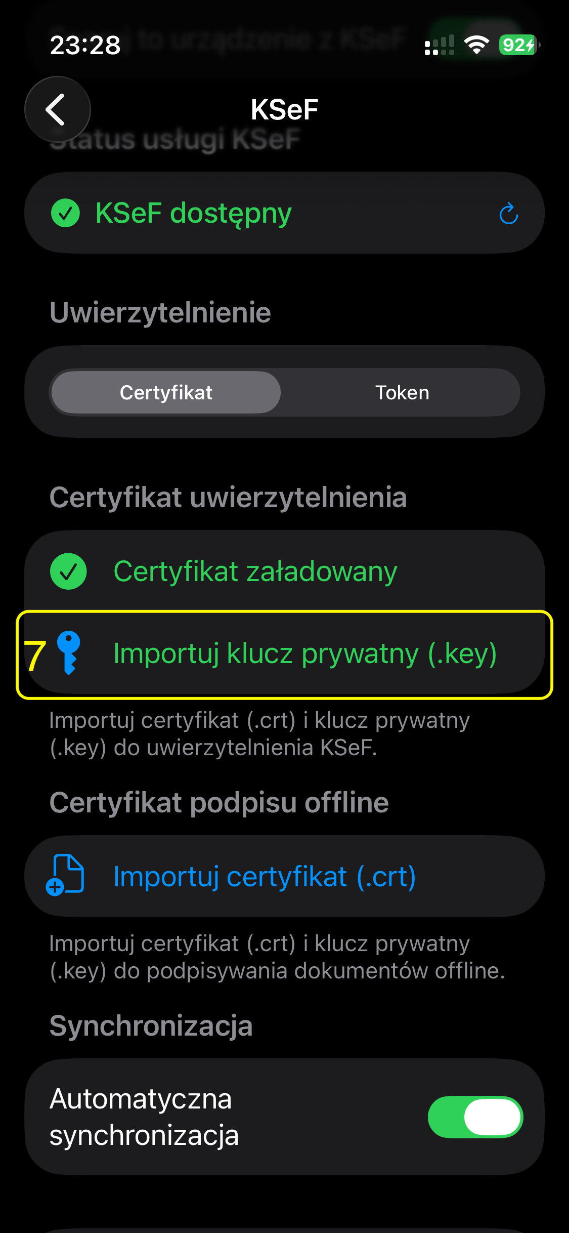 Ekran KSeF — import klucza prywatnego