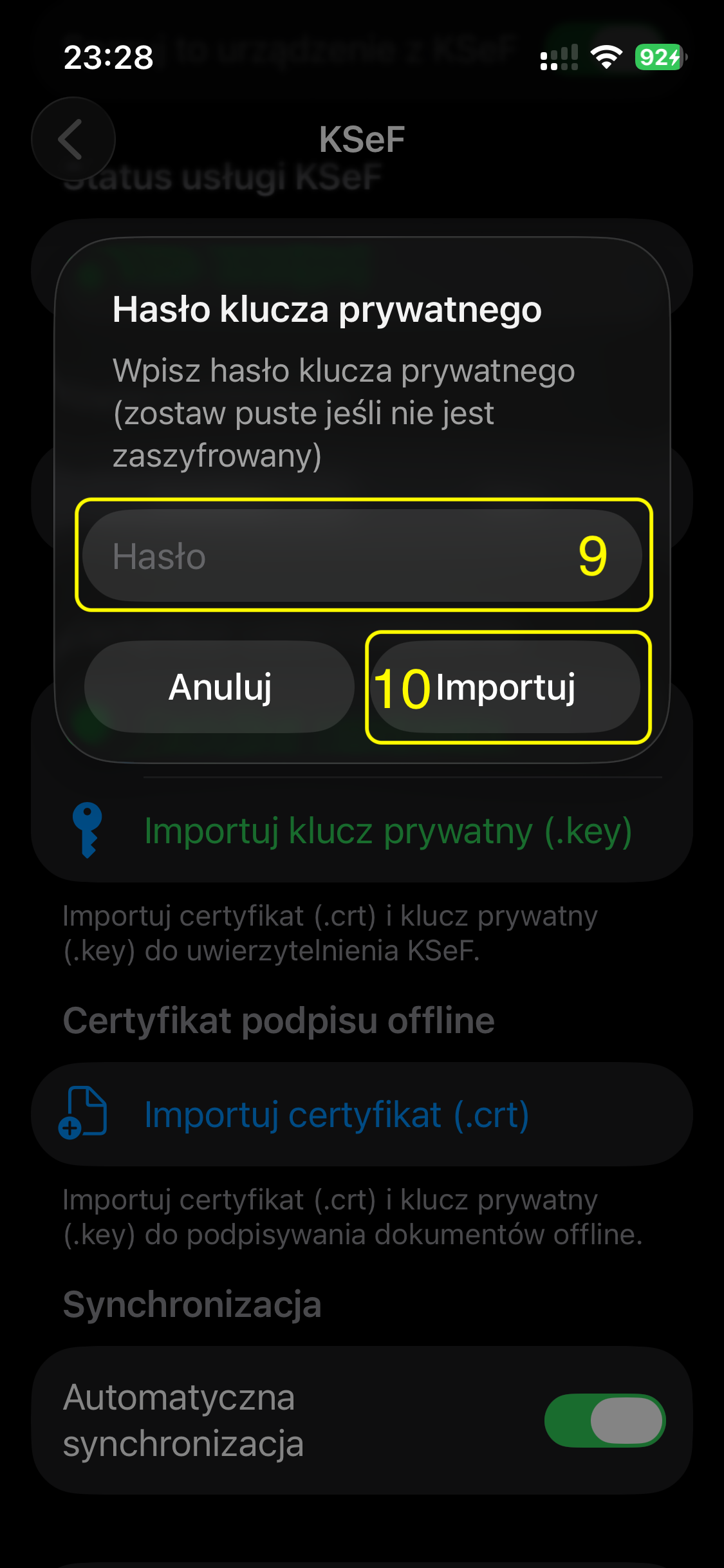 Okno hasła klucza prywatnego