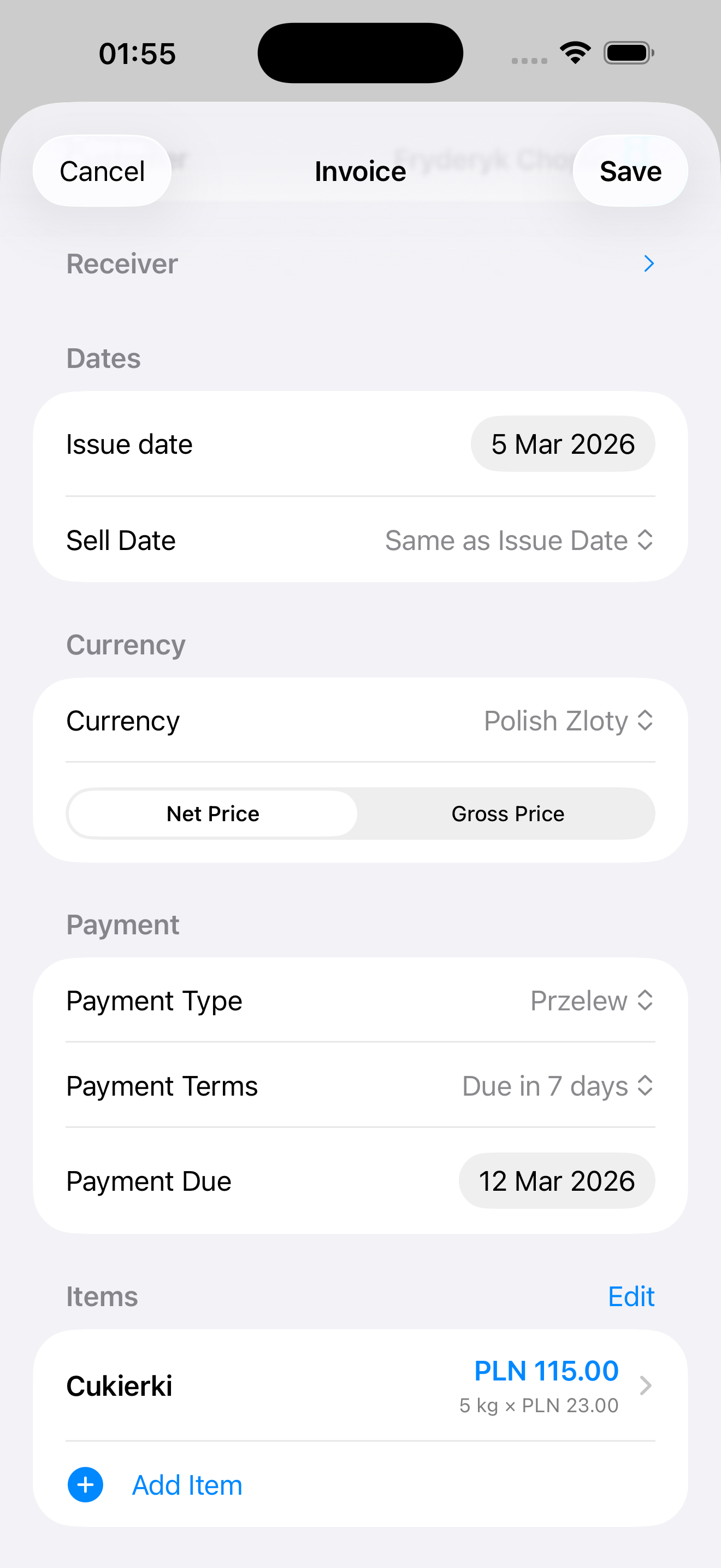 Creating an invoice on iPhone