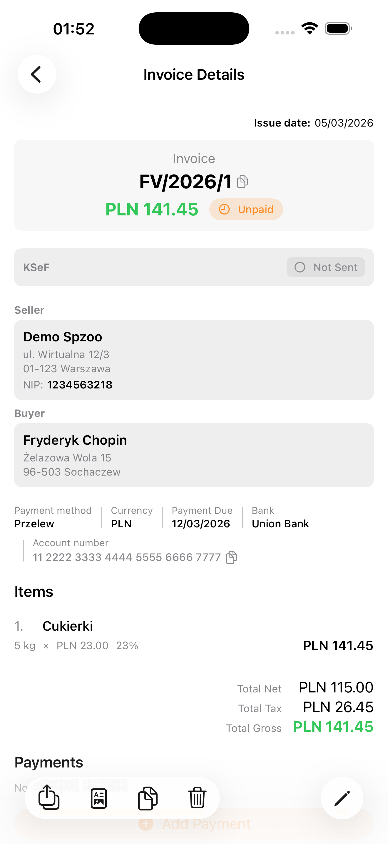 Invoice details on iPhone